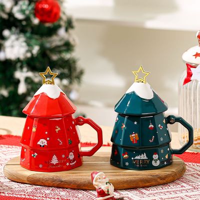 Duurzame bot keramische mok geschenkdoos met deksel lepel creatief kerstboom ontwerp