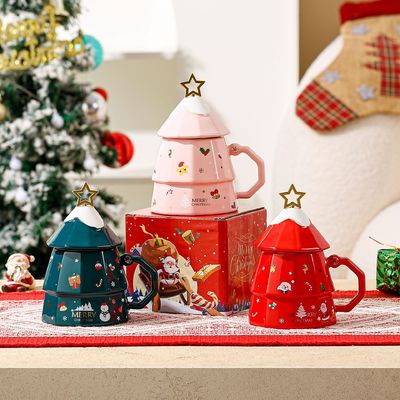 Duurzame bot keramische mok geschenkdoos met deksel lepel creatief kerstboom ontwerp