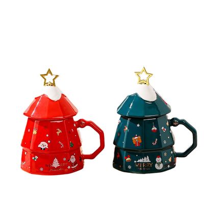 7x12.5cm Keramische koffiekop met deksel en lepel Feestelijke kerstboom ontwerp cadeau doos