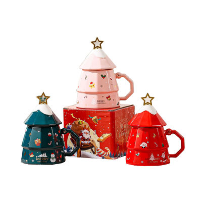 7x12.5cm Keramische koffiekop met deksel en lepel Feestelijke kerstboom ontwerp cadeau doos