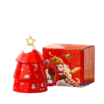 7x12.5cm Keramische koffiekop met deksel en lepel Feestelijke kerstboom ontwerp cadeau doos