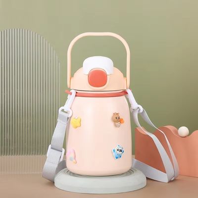 Cartoon Design 800ml Big Belly Cup Geïsoleerd Kind Lief Vacuüm Flasjes Thermos Met Stro