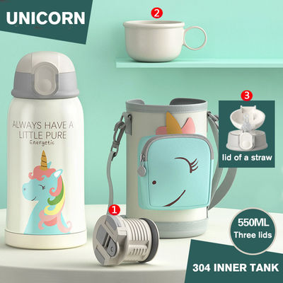 Draagbare 550 ml roestvrijstalen thermos met bekertje en stro cartoon ontwerp