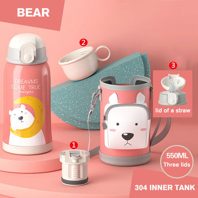 Draagbare 550 ml roestvrijstalen thermos met bekertje en stro cartoon ontwerp