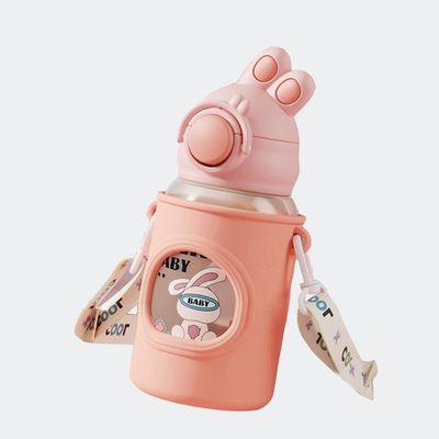680 ml Cartoon Straw Silicone Leather Cover Vacuum Geïsoleerde Waterfles Voor Kinderen Kinderen