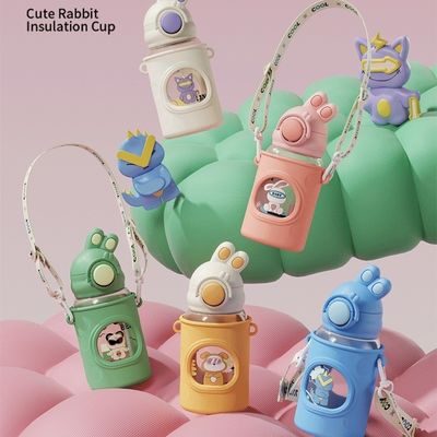 680 ml Cartoon Straw Silicone Leather Cover Vacuum Geïsoleerde Waterfles Voor Kinderen Kinderen