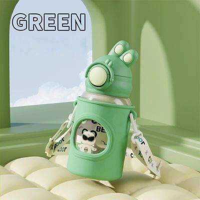 680 ml Cartoon Straw Silicone Leather Cover Vacuum Geïsoleerde Waterfles Voor Kinderen Kinderen