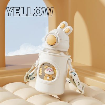 680 ml Cartoon Straw Silicone Leather Cover Vacuum Geïsoleerde Waterfles Voor Kinderen Kinderen