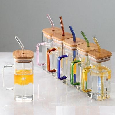 400 ml vierkant gekleurde handvat glasbeker met bamboe deksel en stro voorraad thuis drinken