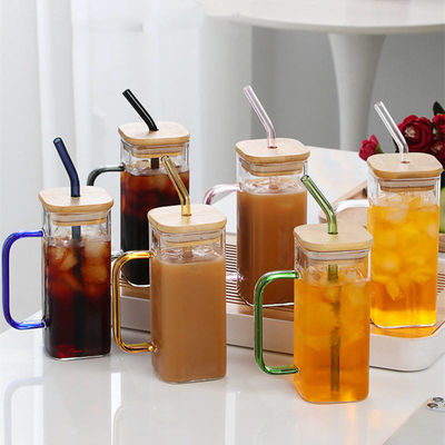 400 ml vierkant gekleurde handvat glasbeker met bamboe deksel en stro voorraad thuis drinken