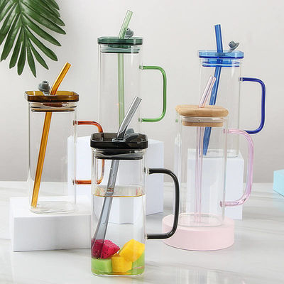 400 ml vierkant gekleurde handvat glasbeker met bamboe deksel en stro voorraad thuis drinken
