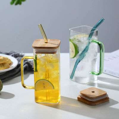 400 ml vierkant gekleurde handvat glasbeker met bamboe deksel en stro voorraad thuis drinken