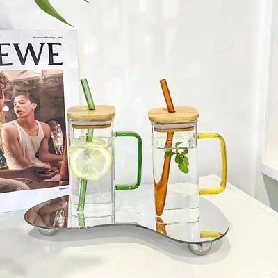 400 ml vierkant gekleurde handvat glasbeker met bamboe deksel en stro voorraad thuis drinken