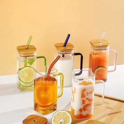 400 ml vierkant gekleurde handvat glasbeker met bamboe deksel en stro voorraad thuis drinken