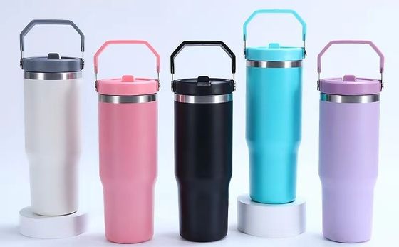 Vacuüm geïsoleerde 30oz roestvrij staal sport waterfles met flip stro en handvat