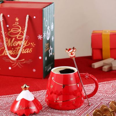 Keramische kerstcadeau mok met deksel en lepel 400 ml 500 ml voor kantoor Afternoon Tea Cup