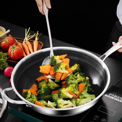 Triple-layer niet-gecoat niet-klevend wok dubbelzijdig honingraat roestvrij staal bakpan