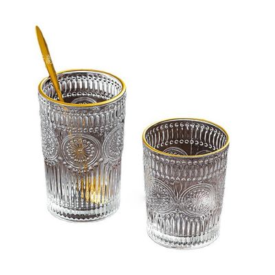 Custom Pattern 300ml 380ml Retro Embossed Glass Mug met gouden rand en zonnebloem ontwerp