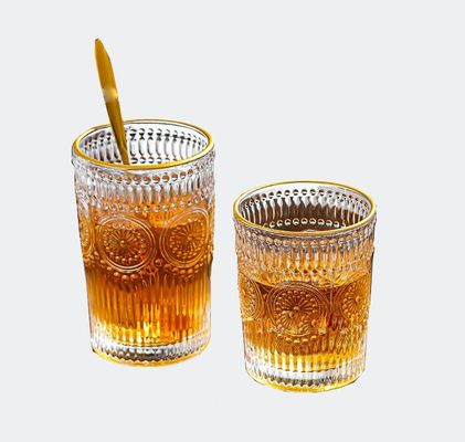 Custom Pattern 300ml 380ml Retro Embossed Glass Mug met gouden rand en zonnebloem ontwerp