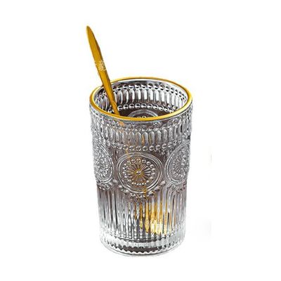 Custom Pattern 300ml 380ml Retro Embossed Glass Mug met gouden rand en zonnebloem ontwerp