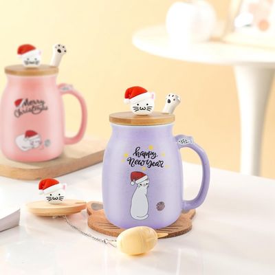 Leekbestendig draagbaar keramisch koffiekopje met 3D kitten design en roestvrijstalen lepel