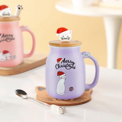 Cute Style 380ml Draagbare Keramische koffiebeker met 3D Little Cat Design en bamboe deksel