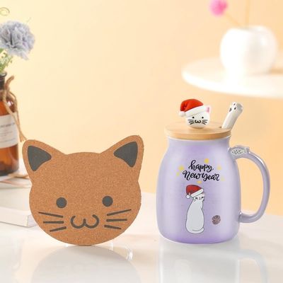 Cute Style 380ml Draagbare Keramische koffiebeker met 3D Little Cat Design en bamboe deksel