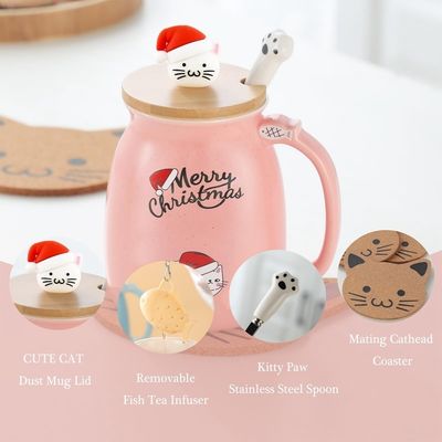 Cute Style 380ml Draagbare Keramische koffiebeker met 3D Little Cat Design en bamboe deksel