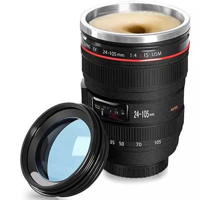 Creatieve dubbele wand roestvrij staal 400 ml camera lens vorm koffie mok reisfles