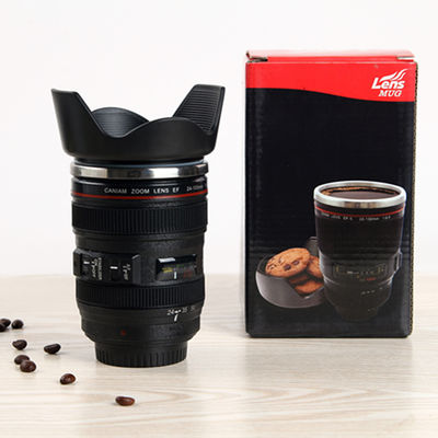 Unieke 400 ml geïsoleerde automatische roterende roerende camera lens vorm koffiebeker voor thee