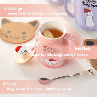 Materieel Ceramiek 380ml Leuke Keramische koffiebeker met 3D kattenontwerp en bamboe deksel