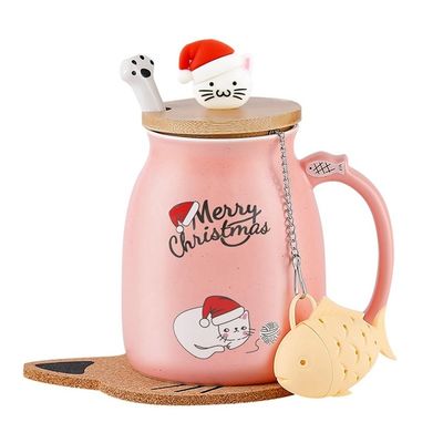 Gepersonaliseerd 380ml schattig Roze Kerstbeker Kat Keramische Koffiekop Met Roestvrijstalen Lepel