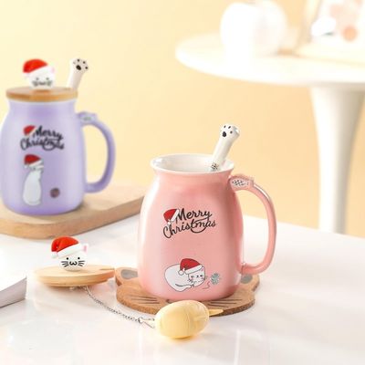 Gepersonaliseerd 380ml schattig Roze Kerstbeker Kat Keramische Koffiekop Met Roestvrijstalen Lepel