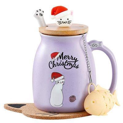 Gepersonaliseerd 380ml schattig Roze Kerstbeker Kat Keramische Koffiekop Met Roestvrijstalen Lepel