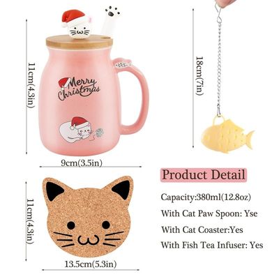 Gepersonaliseerd 380ml schattig Roze Kerstbeker Kat Keramische Koffiekop Met Roestvrijstalen Lepel