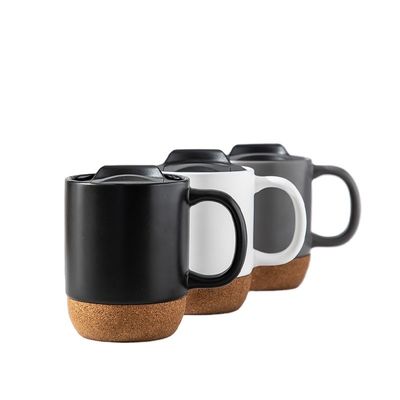 450 ml Custom Logo Mat Zwart Wit Cork Basis Keramische Koffie Reisbeker Met PP Deksel