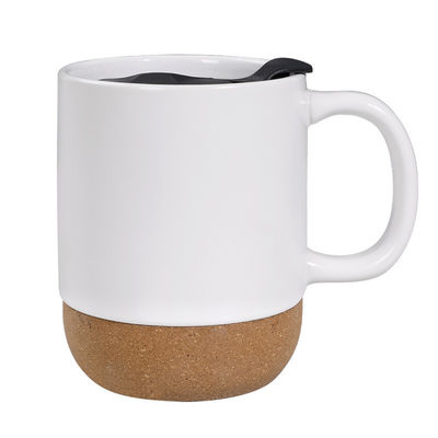 450 ml Custom Logo Mat Zwart Wit Cork Basis Keramische Koffie Reisbeker Met PP Deksel