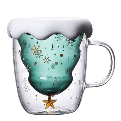 Kerstvakantie Dubbelwand hoge borosilicaat glas waterbeker met handvat en deksel