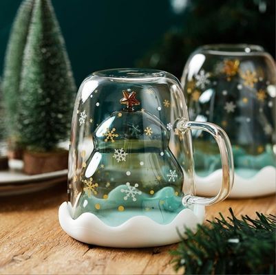 Kerstvakantie Dubbelwand hoge borosilicaat glas waterbeker met handvat en deksel