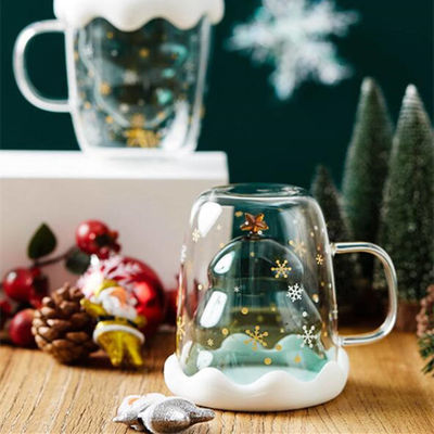 Kerstvakantie Dubbelwand hoge borosilicaat glas waterbeker met handvat en deksel