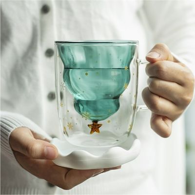 Kerstvakantie Dubbelwand hoge borosilicaat glas waterbeker met handvat en deksel