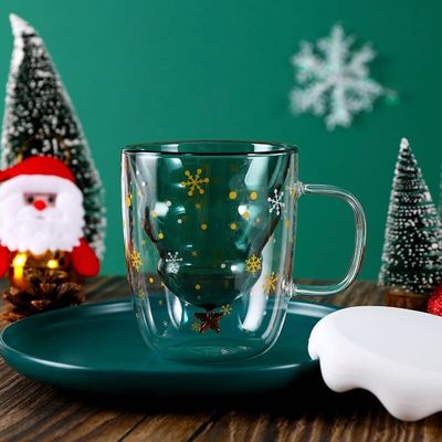 Custom Xmas Gift 200ml Double Walled Glass Coffee Cup met Kerstboomontwerp