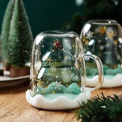 Custom Xmas Gift 200ml Double Walled Glass Coffee Cup met Kerstboomontwerp