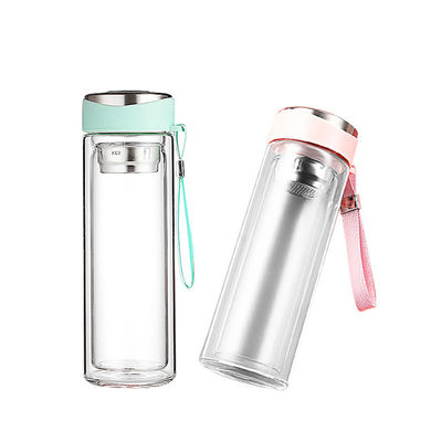 320 ml dubbele wand glas waterfles met infuser in roze aangepast logo Acceptabel