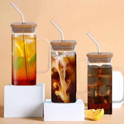Vierkante glazen beker met deksel Top Verkopen Iced Coffee Tea Mug Drinking Glassen