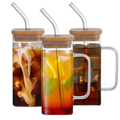 Vierkante glazen beker met deksel Top Verkopen Iced Coffee Tea Mug Drinking Glassen