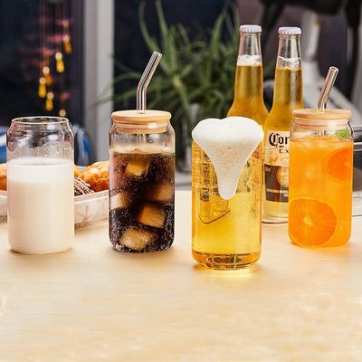 16oz glazen mok met bamboe deksel voor ijs bubbel thee koffie soda bier kan vorm