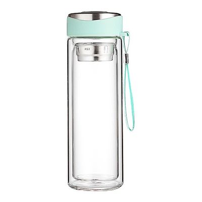 320 ml Roze dubbele wand glas waterfles met deksel en rechtstreeks drinkthee-infuser