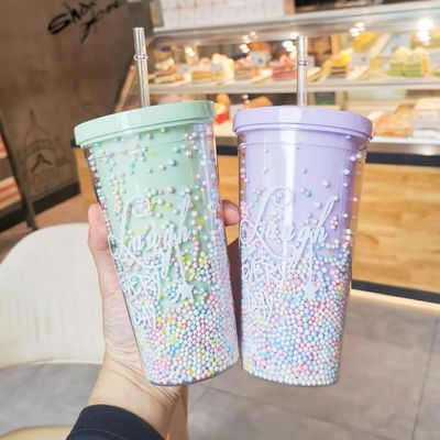 550 ml Duidelijke PC Plastic Cup BPA-vrij Dubbelwandige herbruikbare Milkshake Cup met stro