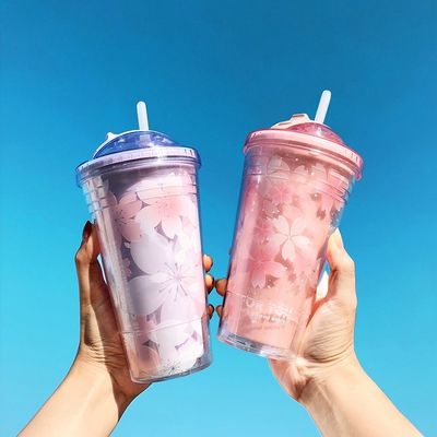 Direct drinken Roze Sakura bekers Geïsoleerde dubbele wand Plastic water theekop met stro